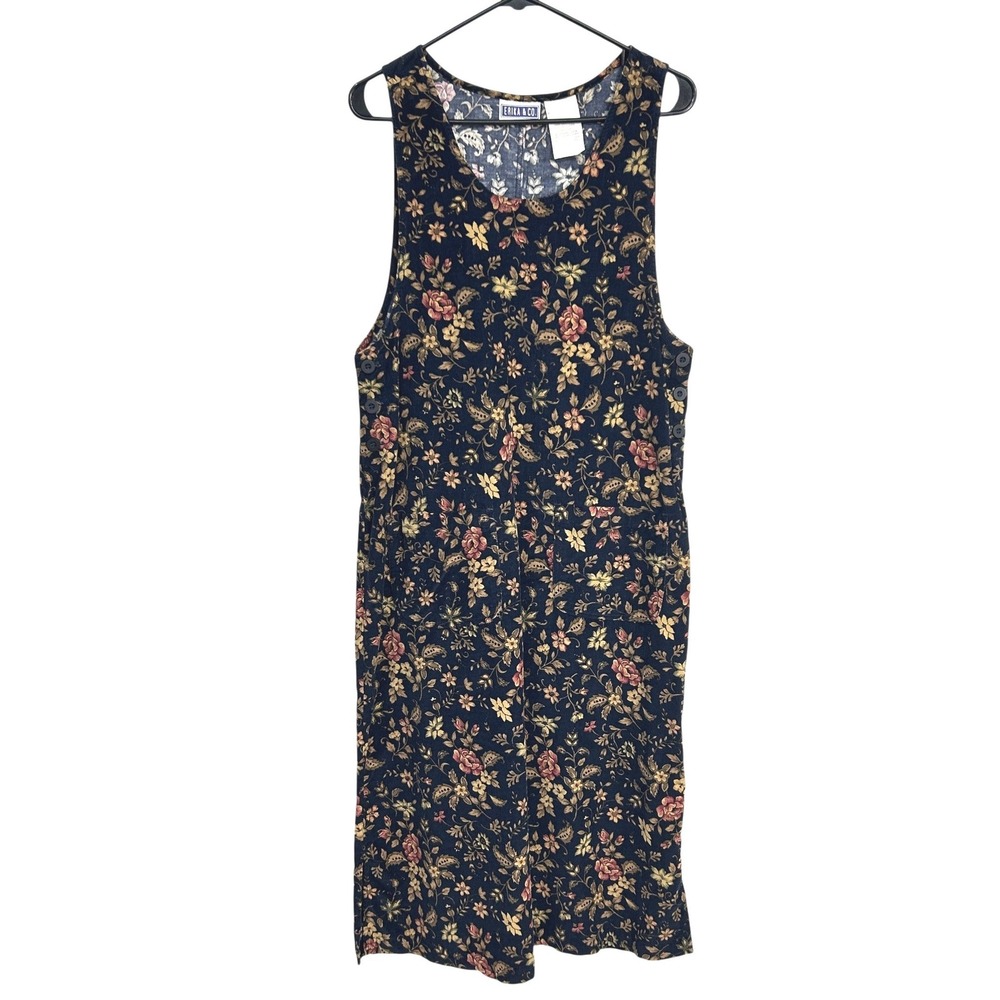 Cottagecore Floral Corduroy Jumper Dress Small Navy Blue Vintage Dark 90s